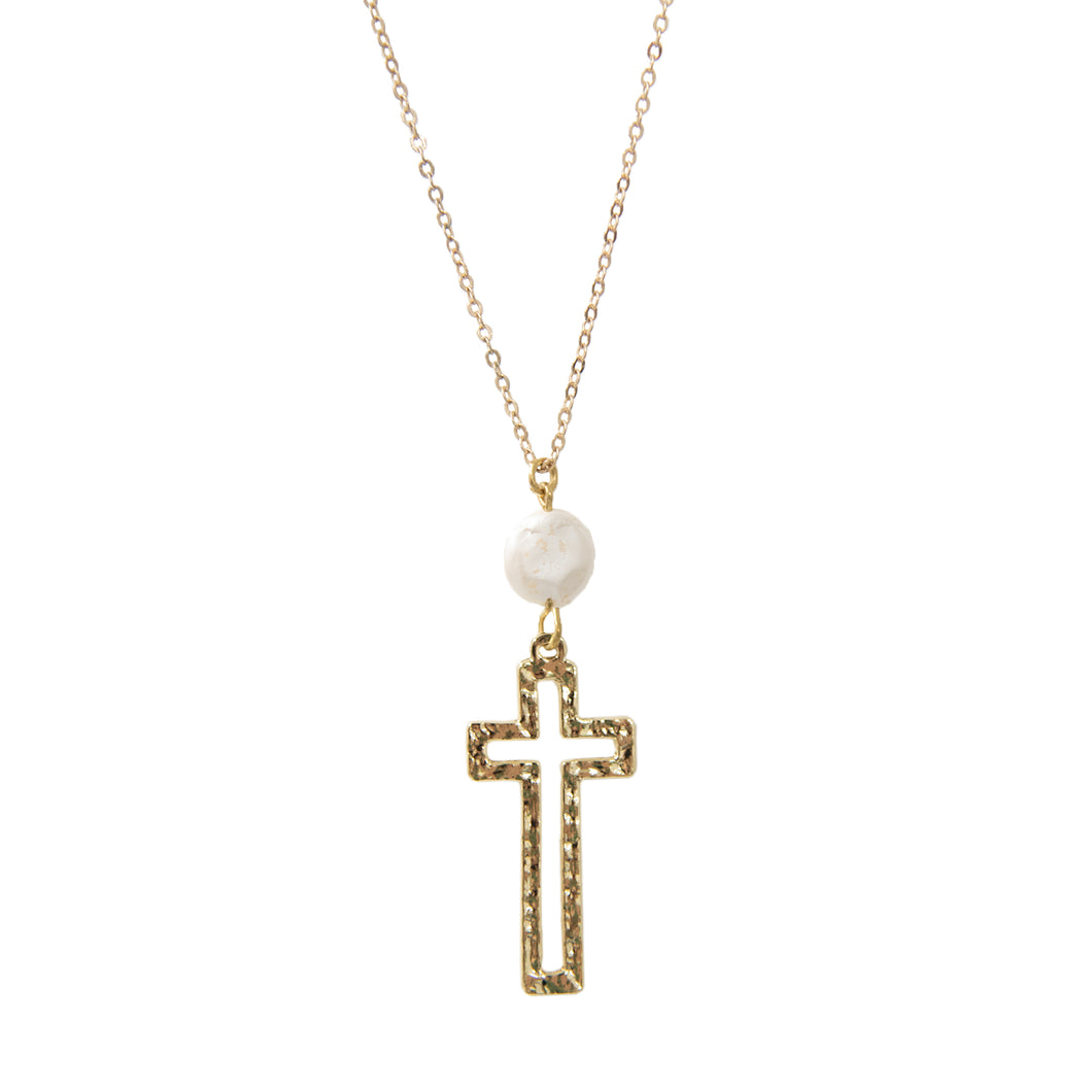 Hammered Cross with Pearl Necklace
