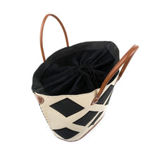 Load image into Gallery viewer, Top view of black diamond straw tote, showing the drawstring lining.
