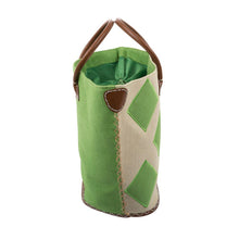 Load image into Gallery viewer, Side view of lime green diamond straw tote
