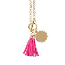 Load image into Gallery viewer, View of our Pink Tassel Necklace with Scallop Disc
