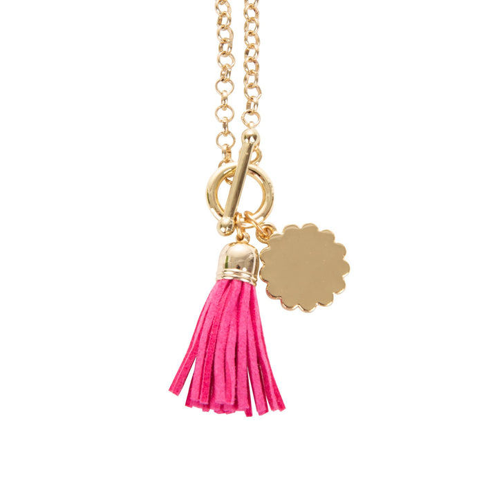 View of our Pink Tassel Necklace with Scallop Disc