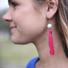 Load image into Gallery viewer, Lifestyle view of our Pearl Tassel Earrings
