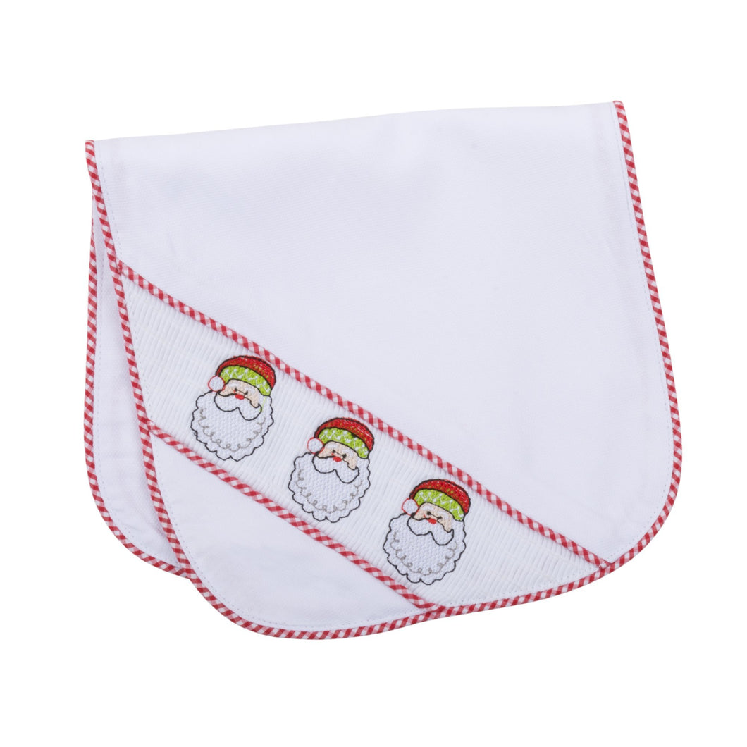 Front view of our Holiday Jolly Santa Smocked Burp Cloth
