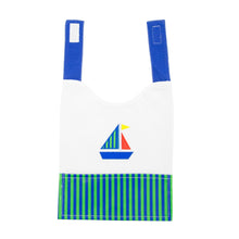 Load image into Gallery viewer, Front view of our Green Sailboat Boy Vinyl Pocket Bib

