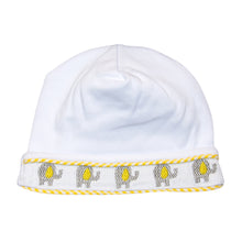 Load image into Gallery viewer, Font view of our Yellow Elephant Smocked Beanie
