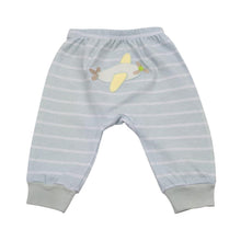 Load image into Gallery viewer, Back of the blue striped baby pants with an airplane applique

