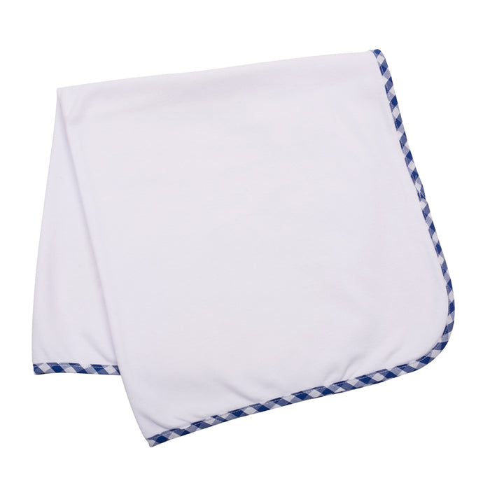 White baby blanket with blue gingham trim