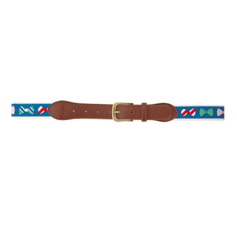 Teal belt with bow tie pattern