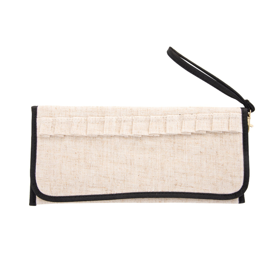 Front view of our Black Linen Trifold Clutch