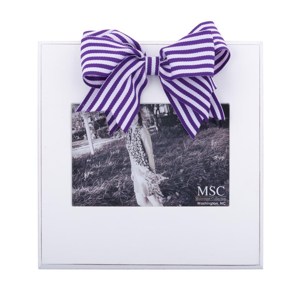White frame with purple and white stripe bow at the top of the frame, holds 4 x 6