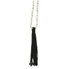 Load image into Gallery viewer, Pearl necklace with black leather tassel
