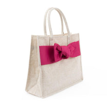 Load image into Gallery viewer, Side view of Linen Pink Bow Tote
