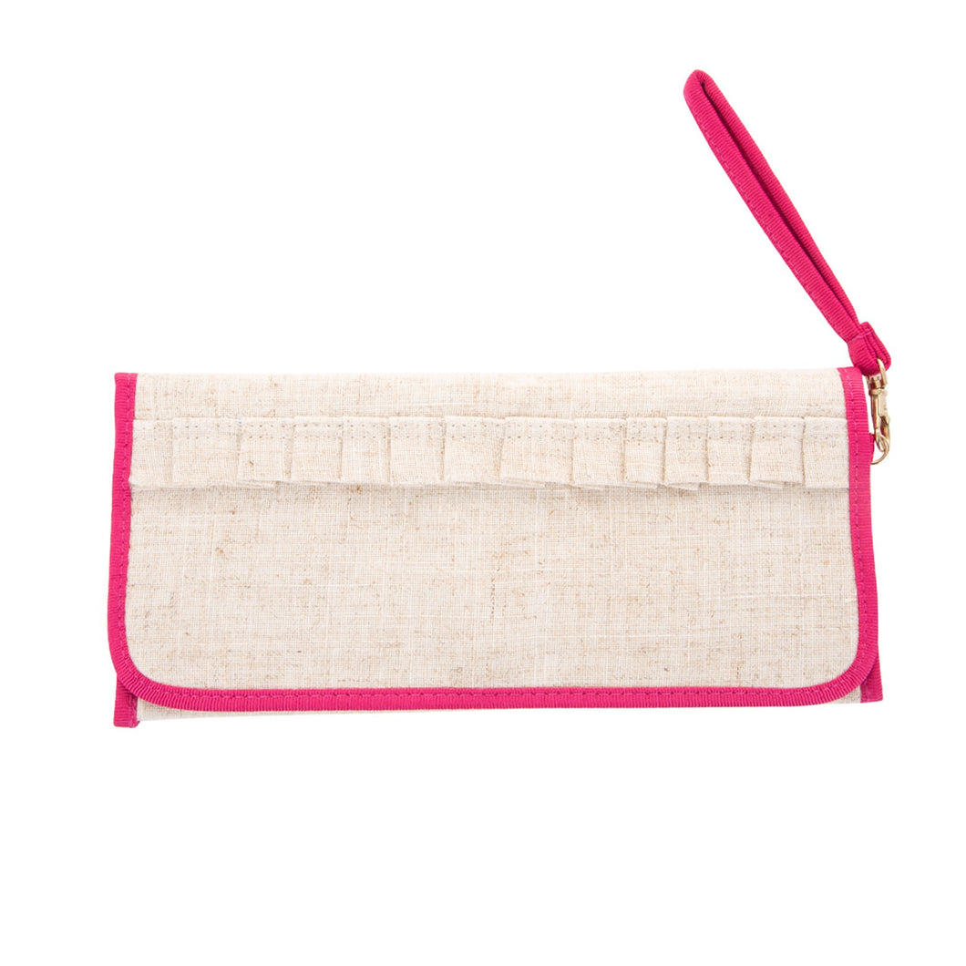 Front view of our Pink Linen Trifold Clutch