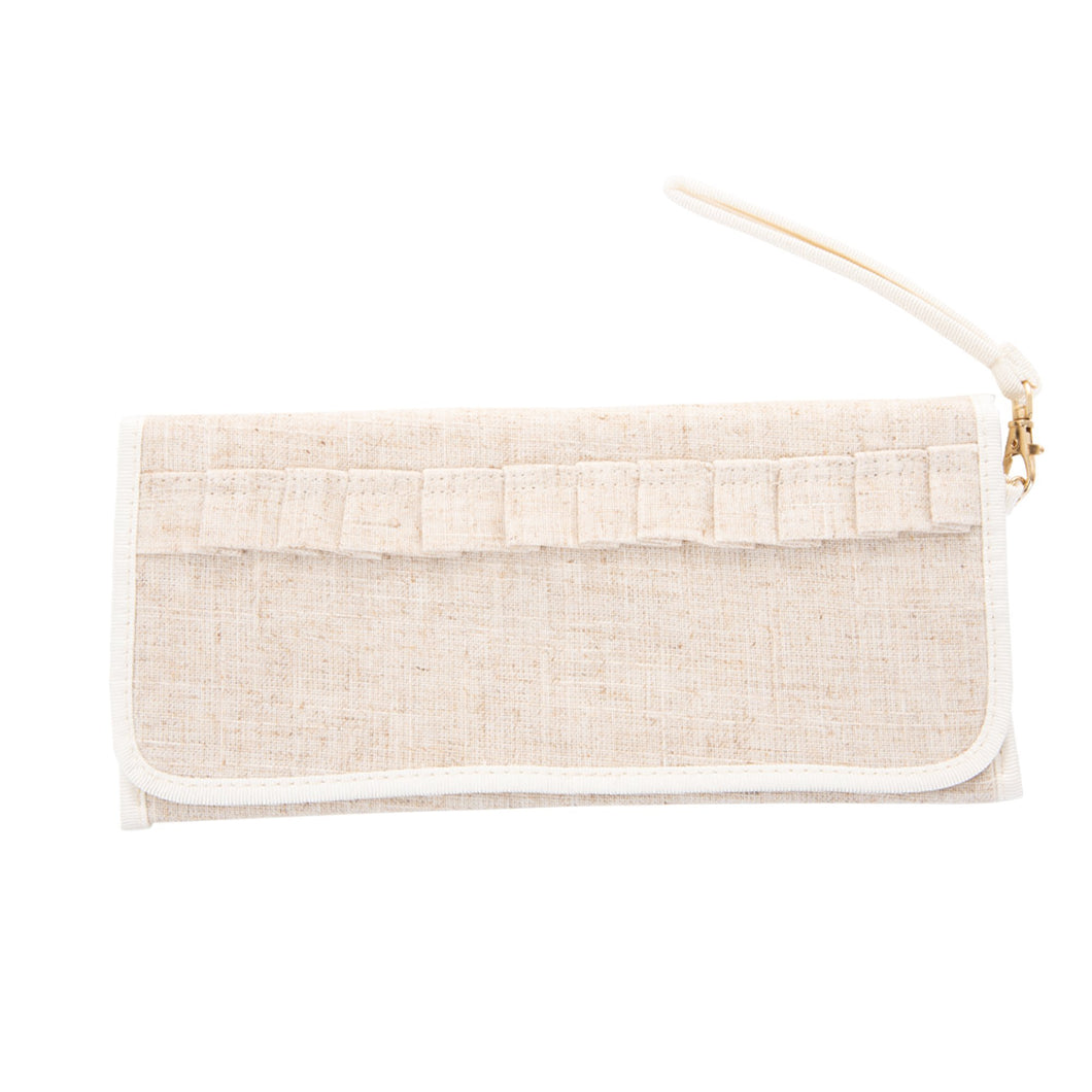 Front view of our White Linen Trifold Clutch